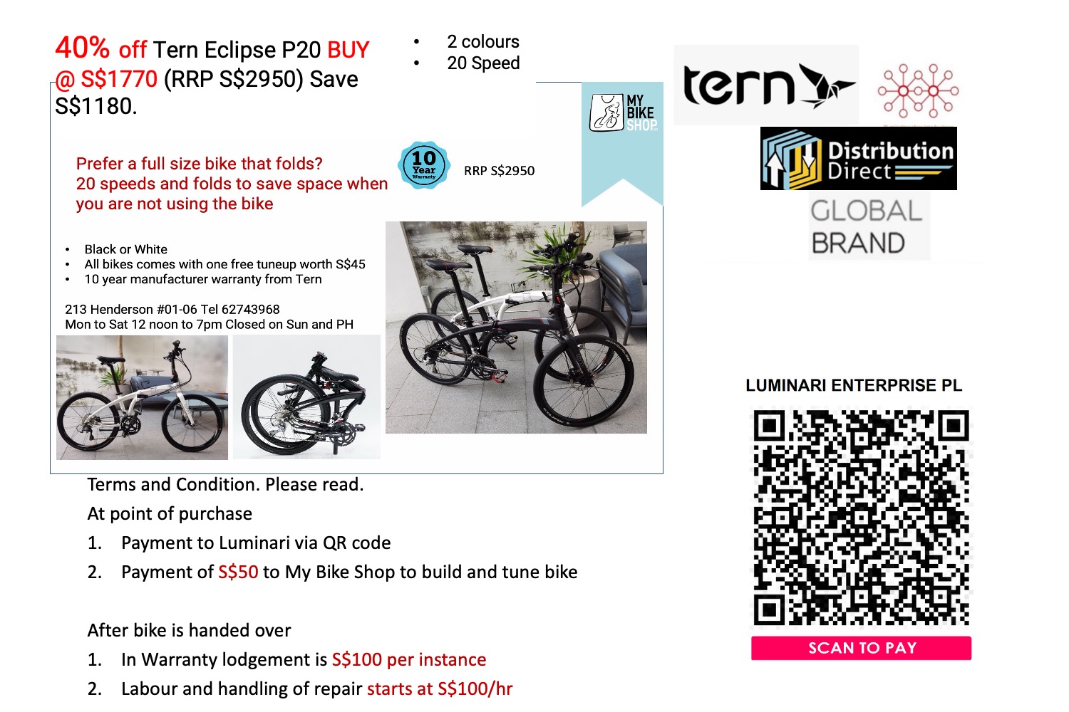 TERN Foldable Eclipse P20 Disty Direct (Inc GST, delivery and tuning for SG ONLY)